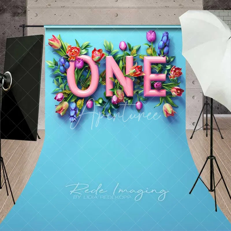 Aperturee - Aperturee Spring Floral One Birthday Sweep Photo Backdrop Pink Tulip Flower First Birthday Background Garden Cake Smash Floor