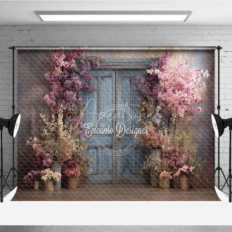 Aperturee - Aperturee Spring Floral Photography Backdrop Blue Rustic Door with Pink Blossoms Fine Art Painterly Photo Background