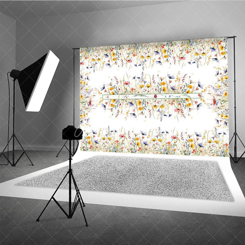 Aperturee - Aperturee Spring Floral Photography Backdrop Watercolor Wildflower Border Background White Nature Photo Prop