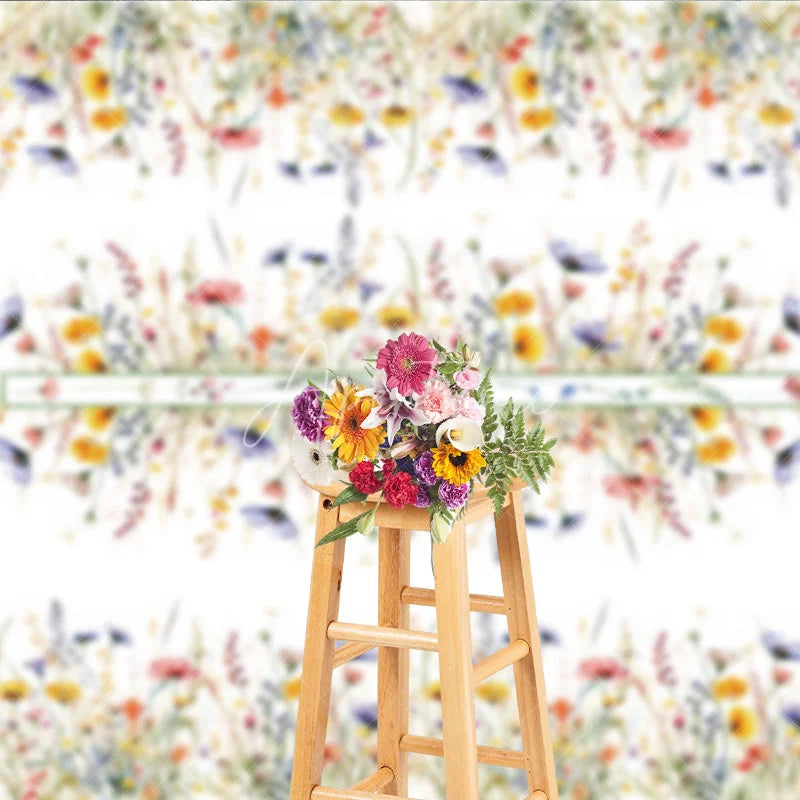 Aperturee - Aperturee Spring Floral Photography Backdrop Watercolor Wildflower Border Background White Nature Photo Prop