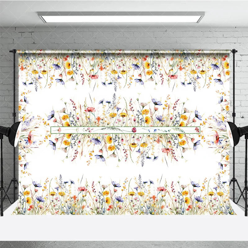 Aperturee - Aperturee Spring Floral Photography Backdrop Watercolor Wildflower Border Background White Nature Photo Prop