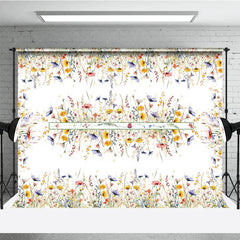 Aperturee - Aperturee Spring Floral Photography Backdrop Watercolor Wildflower Border Background White Nature Photo Prop