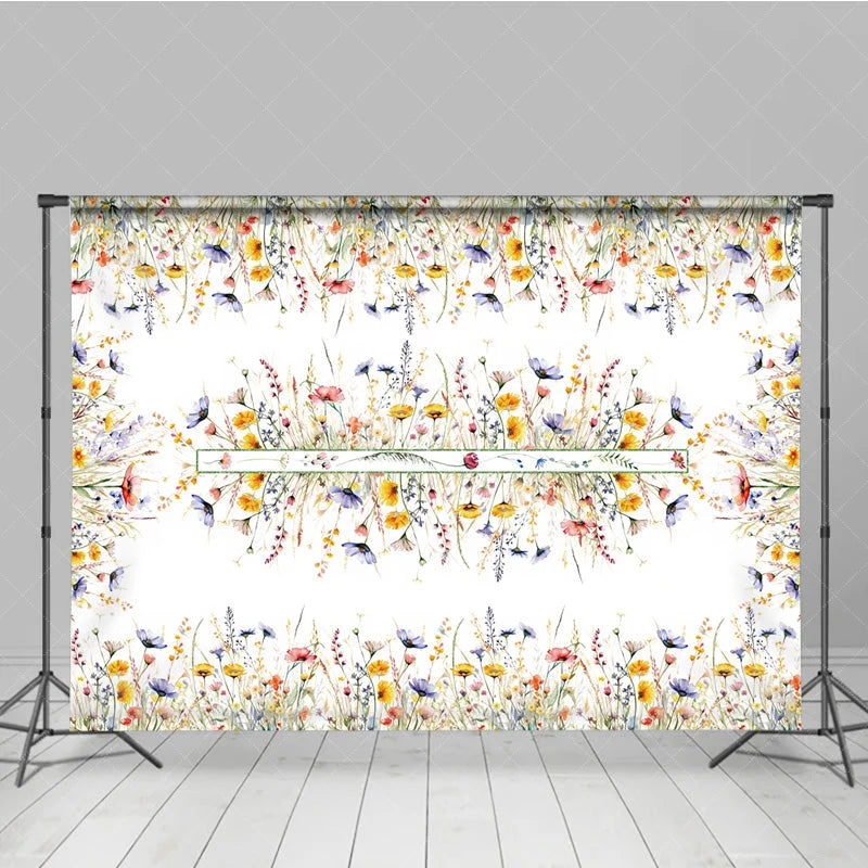 Aperturee - Aperturee Spring Floral Photography Backdrop Watercolor Wildflower Border Background White Nature Photo Prop