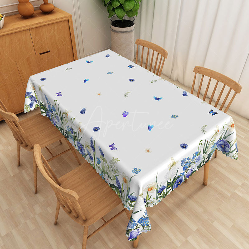 Aperturee - Aperturee Spring Floral Rectangle Tablecloth with Blue Flowers and Purple Butterflies for Enchanted Garden Party