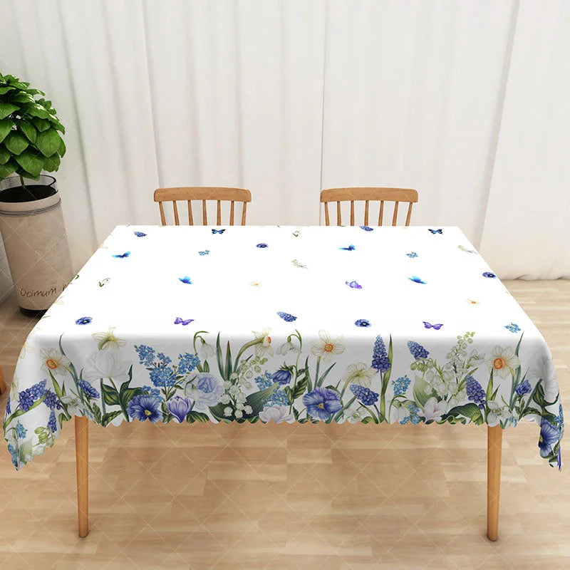 Aperturee - Aperturee Spring Floral Rectangle Tablecloth with Blue Flowers and Purple Butterflies for Enchanted Garden Party