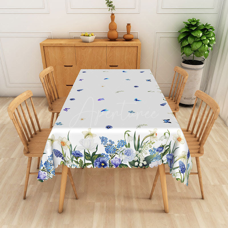 Aperturee - Aperturee Spring Floral Rectangle Tablecloth with Blue Flowers and Purple Butterflies for Enchanted Garden Party