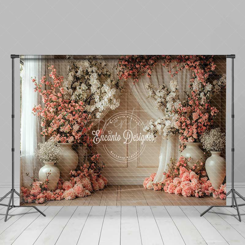 Aperturee Aperturee Spring Floral Studio Backdrop with Pink and White Flowers in Vases Elegant Wedding or Portrait Photography Prop
