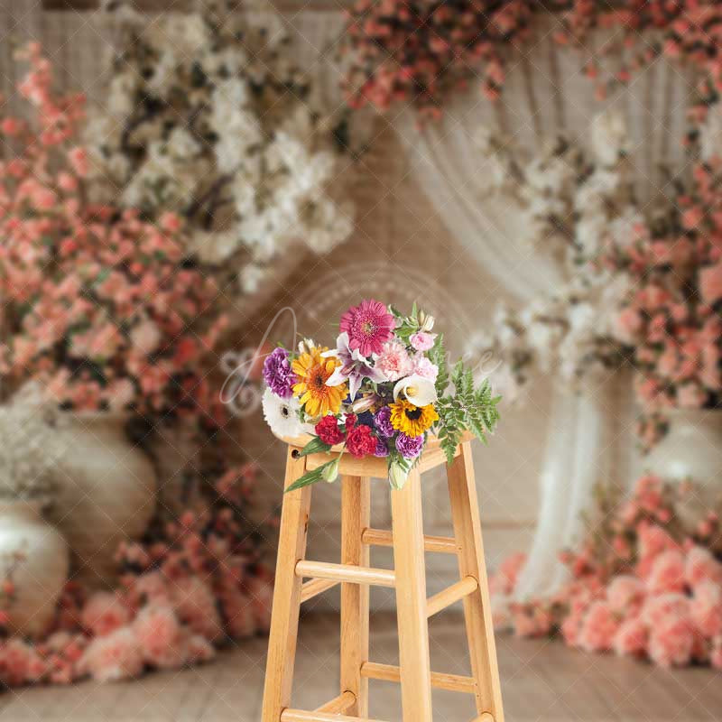 Aperturee Aperturee Spring Floral Studio Backdrop with Pink and White Flowers in Vases Elegant Wedding or Portrait Photography Prop