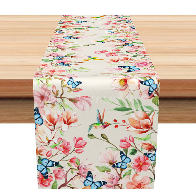 Aperturee - Aperturee Spring Floral Table Runner with Flying Butterflies Whimsical Garden Vibe Easter or a Girls Birthday Party Decor