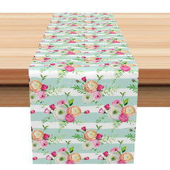 Aperturee - Aperturee Spring Floral Table Runner with Green and White Stripes Sweet Botanical Design Fresh Farmhouse Kitchen Decor