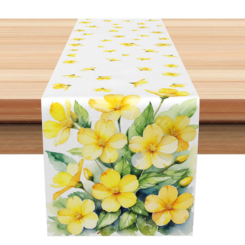 Aperturee - Aperturee Spring Floral Table Runner with Painted Yellow Flowers and Green Leaves for Easter and Kitchen Decor