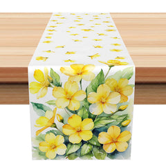 Aperturee - Aperturee Spring Floral Table Runner with Painted Yellow Flowers and Green Leaves for Easter and Kitchen Decor