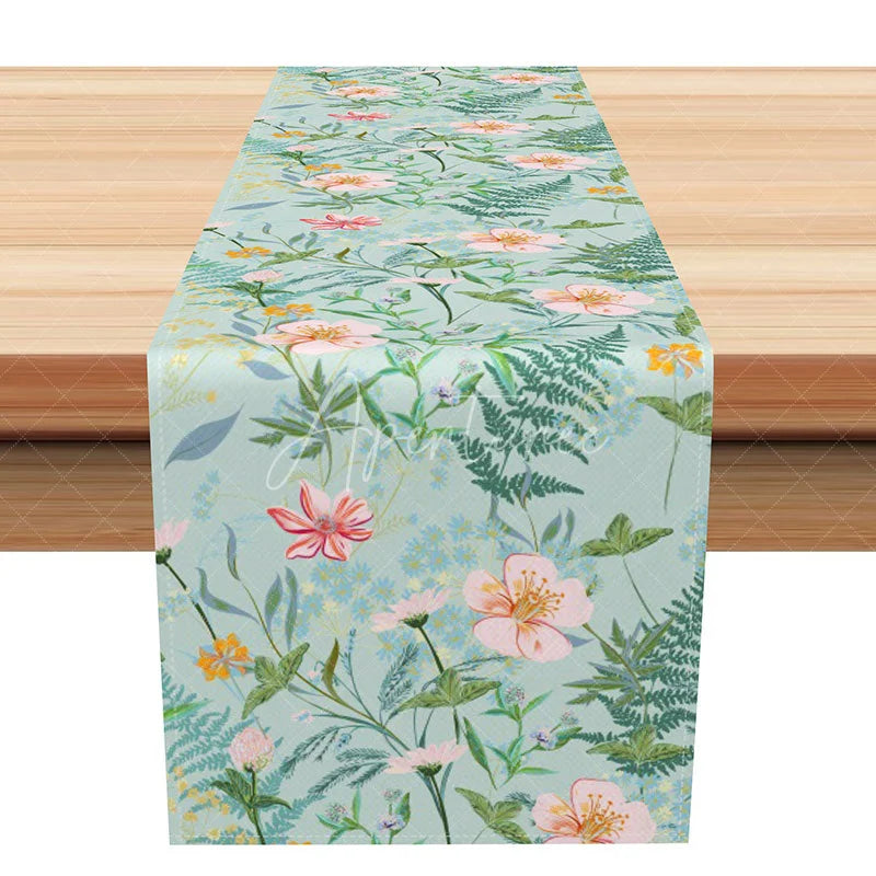 Aperturee - Aperturee Spring Floral Table Runner with Pink Flowers and Ferns Modern Botanical Print on Green Garden Party Decor