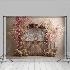 Aperturee - Aperturee Spring Floral Wedding Backdrop Rustic Barn Door with Cherry Blossoms Pink Flower Tree Bridal Shower Photo Props