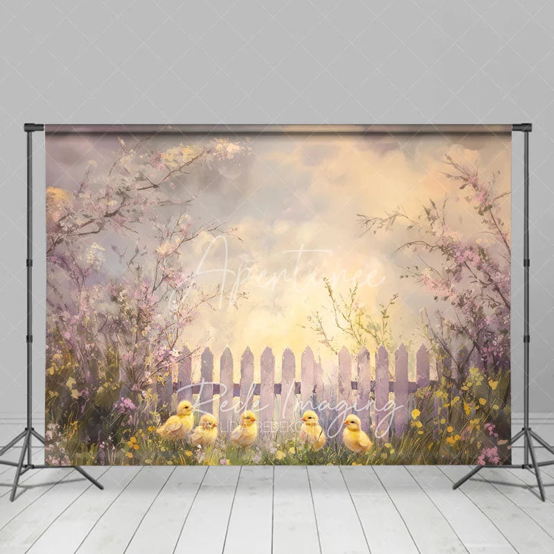 Aperturee - Aperturee Spring Floral White Fence Backdrop Cute Yellow Chicks Easter Photography Background for Baby Shower Party