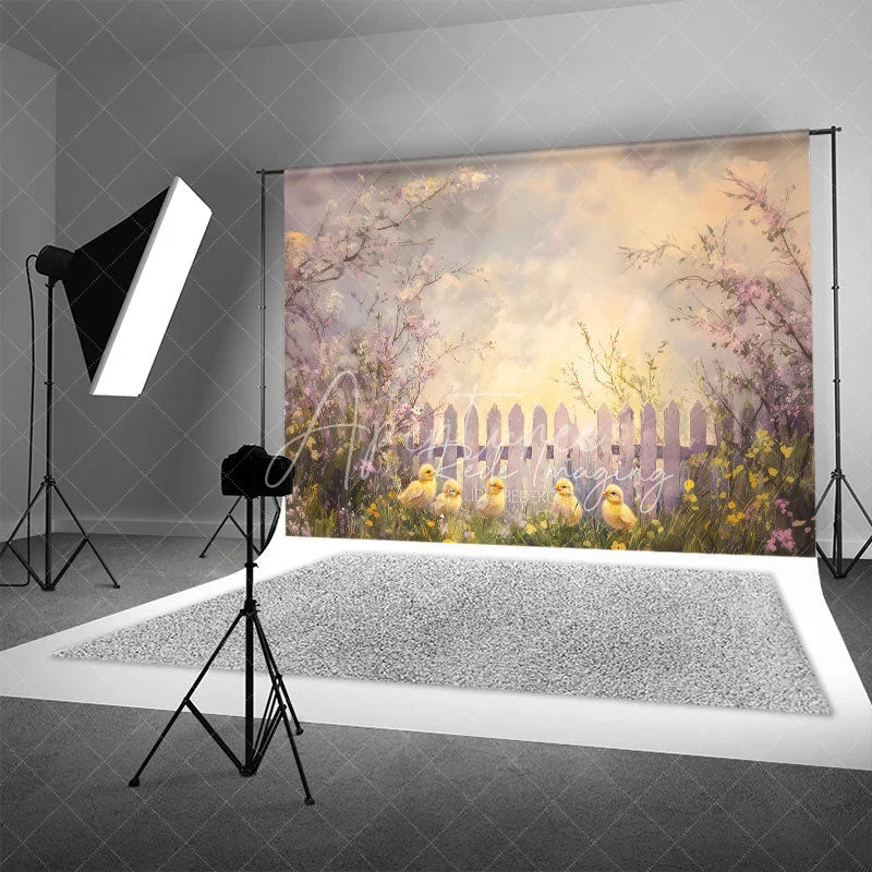 Aperturee - Aperturee Spring Floral White Fence Backdrop Cute Yellow Chicks Easter Photography Background for Baby Shower Party