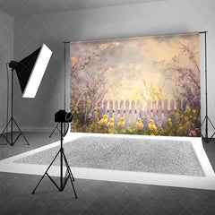 Aperturee - Aperturee Spring Floral White Fence Backdrop Cute Yellow Chicks Easter Photography Background for Baby Shower Party
