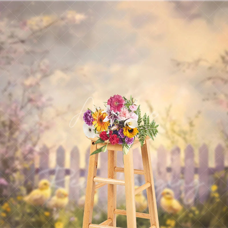 Aperturee - Aperturee Spring Floral White Fence Backdrop Cute Yellow Chicks Easter Photography Background for Baby Shower Party
