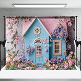 Aperturee - Aperturee Spring Floral Wooden Blue Pink House Photo Backdrop