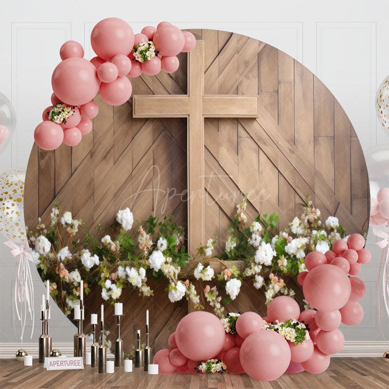 Aperturee - Aperturee Spring Floral Wooden Cross Door Round Easter Backdrop