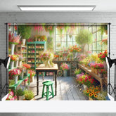 Aperturee - Aperturee Spring Flower Shop Interior Backdrop Colorful Floral Pots and Green Cabinets Photography Background for Portrait
