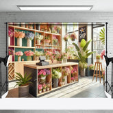 Aperturee - Aperturee Spring Flower Shop Interior Backdrop Wood Counter and Colorful Bouquets Photography Background for Small Business