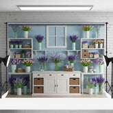 Aperturee Aperturee Spring Flower Shop Wall Backdrop White Shelves with Tulips and Lavender Modern Floral Studio Photography Prop