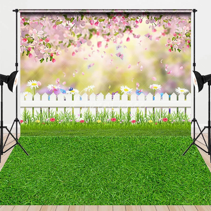 Aperturee - Aperturee Spring Garden Combo Set Backdrop Pink Flower Fence Grass Photography Prop Easter Butterfly Nature Photo Background