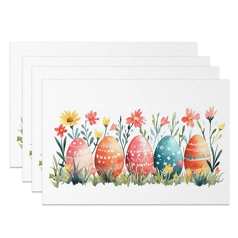 Aperturee - Aperturee Spring Garden Easter Eggs Set of 4 Placemats Red Yellow Wildflower Table Mats Nature Holiday Home Decoration