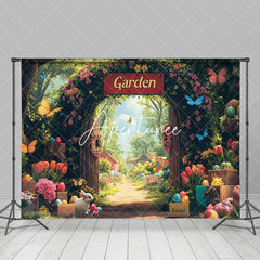 Aperturee - Aperturee Spring Garden Eggs Bunny Floral Gate Easter Backdrop