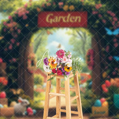 Aperturee - Aperturee Spring Garden Eggs Bunny Floral Gate Easter Backdrop