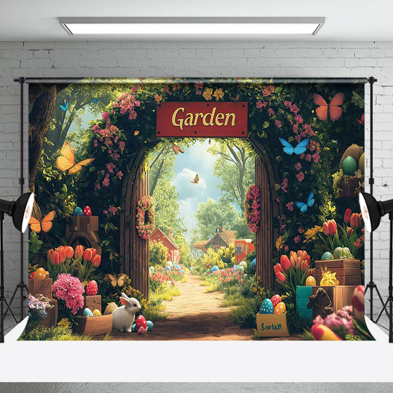 Aperturee - Aperturee Spring Garden Eggs Bunny Floral Gate Easter Backdrop