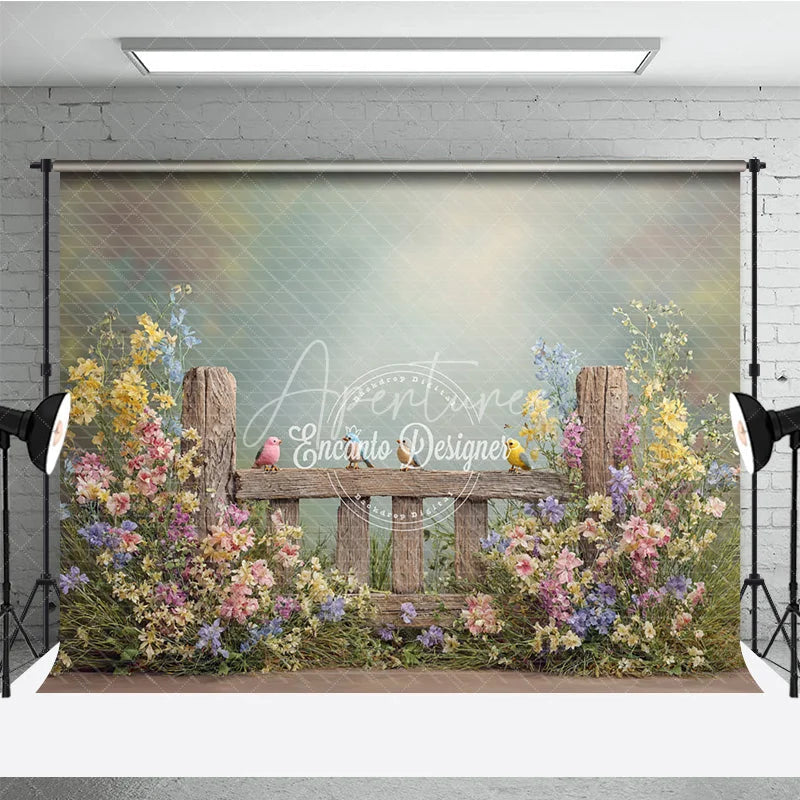 Aperturee - Aperturee Spring Garden Fence Backdrop Wildflower with Birds Photo Prop Rustic Wooden Fence for Party Background