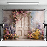 Aperturee - Aperturee Spring Garden Floral Backdrop Vintage White Door Photo Background Pink Rose Potted Flowers for Wedding Bridal Shower