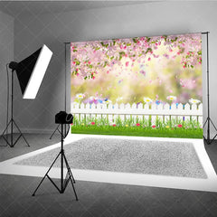 Aperturee - Aperturee Spring Garden Photography Backdrop Pink Blossom White Fence Background Butterfly Grass Photo Prop