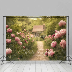 Aperturee - Aperturee Spring Garden Pink Peony Path Backdrop Romantic Floral Cottage Photography Background for Wedding