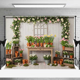 Aperturee Aperturee Spring Garden Potting Bench Photography Backdrop Rustic Table with Tulips Daffodils and Flowers Market Photo Prop
