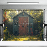Aperturee - Aperturee Spring Garden Shed Backdrop Blue Wood House with Red Door Gardening Tools Yard Photography Background