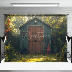 Aperturee - Aperturee Spring Garden Shed Backdrop Blue Wood House with Red Door Gardening Tools Yard Photography Background