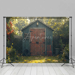 Aperturee - Aperturee Spring Garden Shed Backdrop Blue Wood House with Red Door Gardening Tools Yard Photography Background