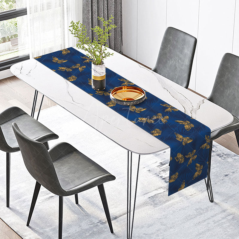 Aperturee - Aperturee Spring Garden Table Runner with Royal Blue Leaves and Yellow Butterflies for Botanical Dining Decor
