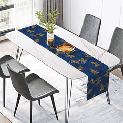 Aperturee - Aperturee Spring Garden Table Runner with Royal Blue Leaves and Yellow Butterflies for Botanical Dining Decor