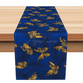 Aperturee - Aperturee Spring Garden Table Runner with Royal Blue Leaves and Yellow Butterflies for Botanical Dining Decor