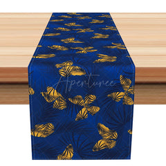 Aperturee - Aperturee Spring Garden Table Runner with Royal Blue Leaves and Yellow Butterflies for Botanical Dining Decor