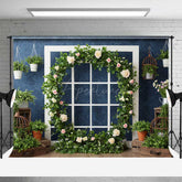 Aperturee Aperturee Spring Garden Window Backdrop White Frame with Rose and Greenery Wreath Elegant Studio Photography Photo Prop
