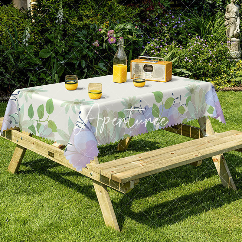 Aperturee - Aperturee Spring Green Leaf Floral Rectangular Tablecloth