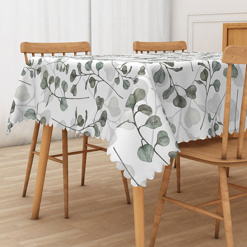 Aperturee - Aperturee Spring Green Rectangle Tablecloth with Botanical Leaf Drawings for Modern Farmhouse and Kitchen Decor
