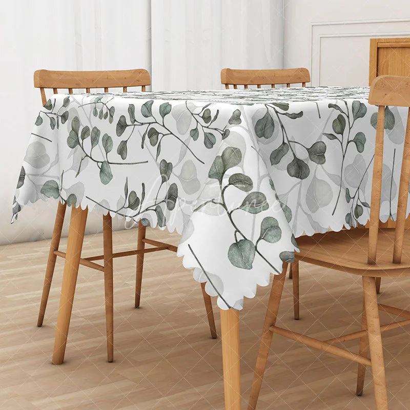 Aperturee - Aperturee Spring Green Rectangle Tablecloth with Botanical Leaf Drawings for Modern Farmhouse and Kitchen Decor