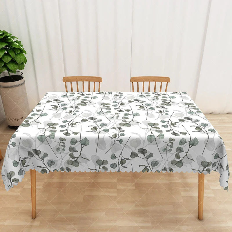 Aperturee - Aperturee Spring Green Rectangle Tablecloth with Botanical Leaf Drawings for Modern Farmhouse and Kitchen Decor