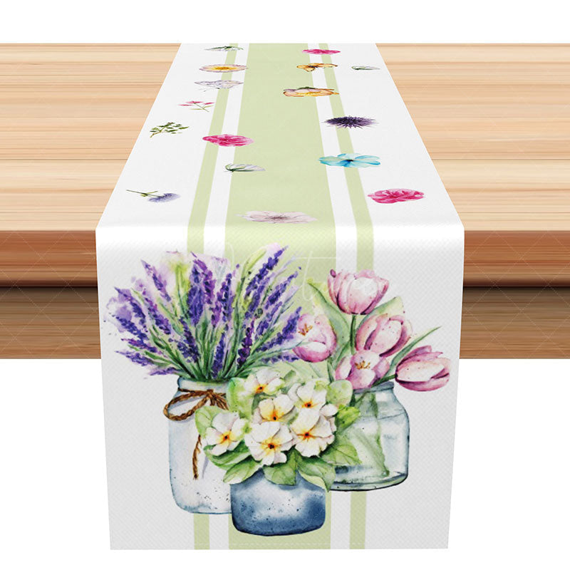 Aperturee - Aperturee Spring Green Stripe Table Runner with a Floral Vase Design Fresh Botanical Decor Modern Farmhouse Kitchen